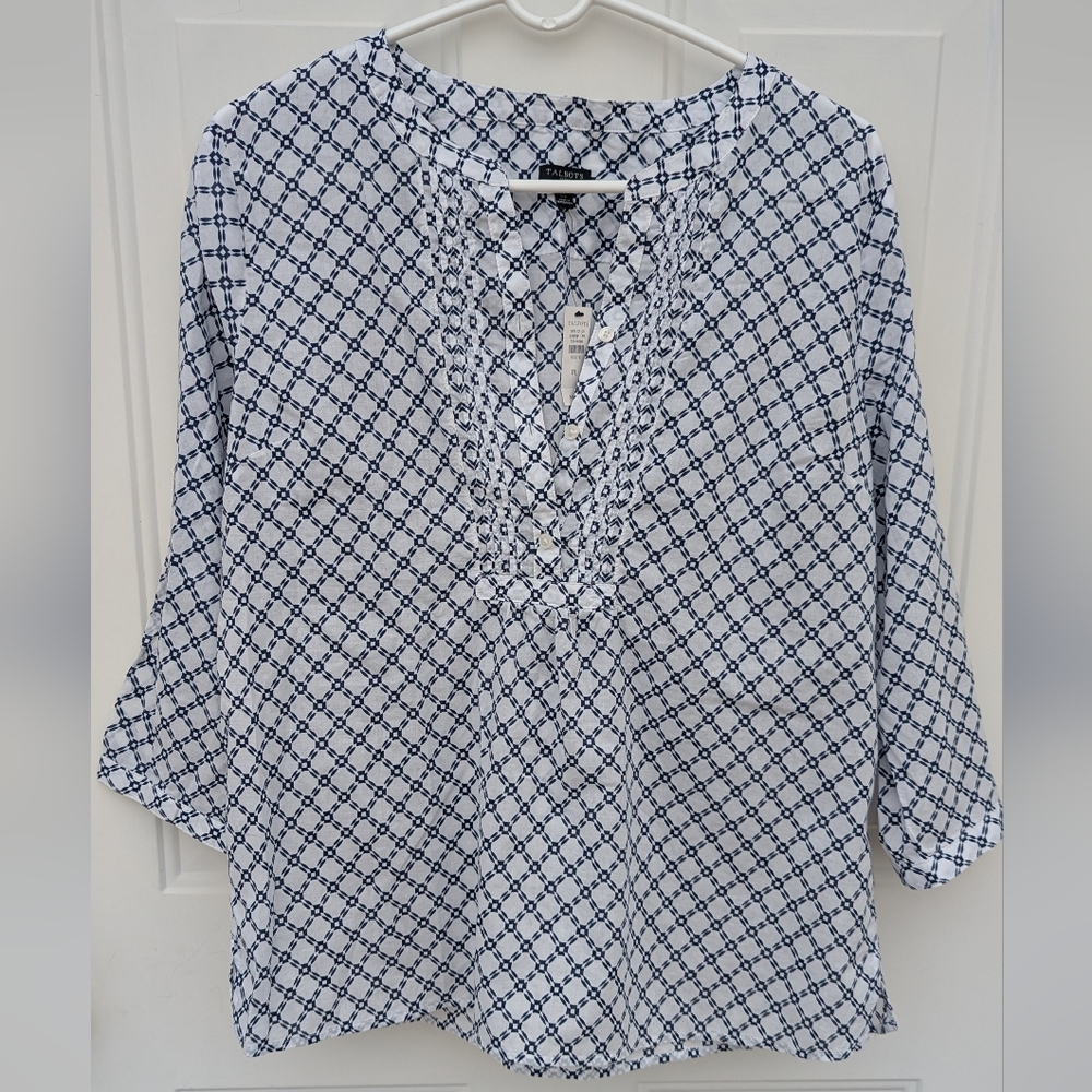 Talbots Navy and White Patterned Blouse, Size Large, Petite NWT